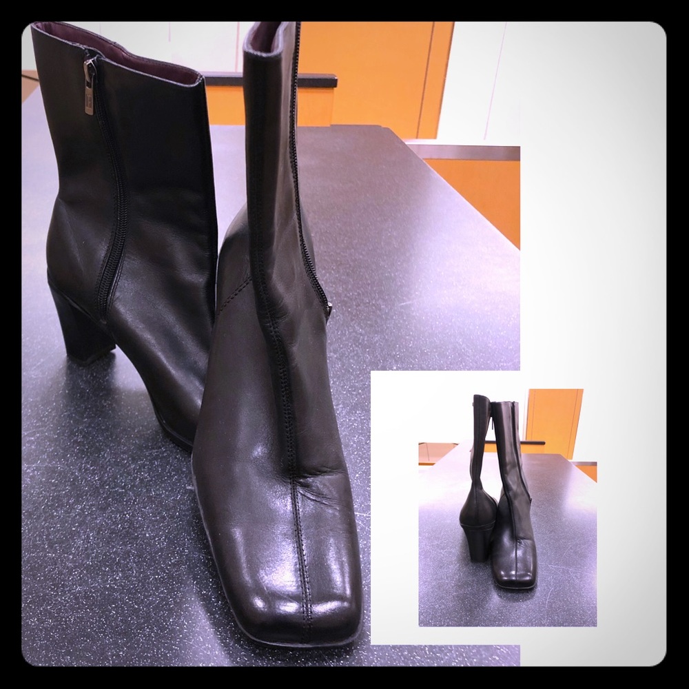 Black leather ankle boots.